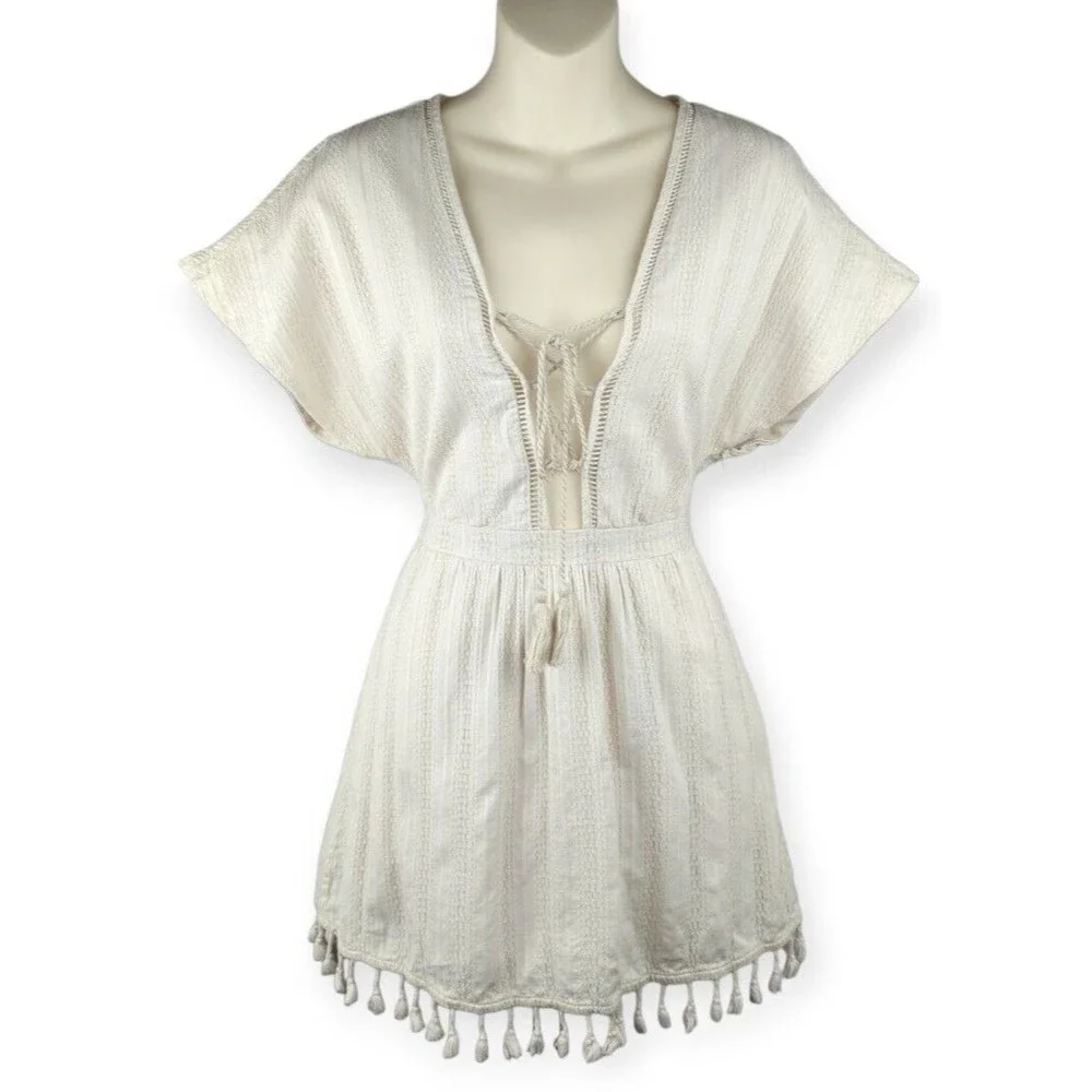 Ale by Alessandra Bruna Mini Dress Beige Boho Pom Pom Tassel Beach Revolve XS - Picture 1 of 6